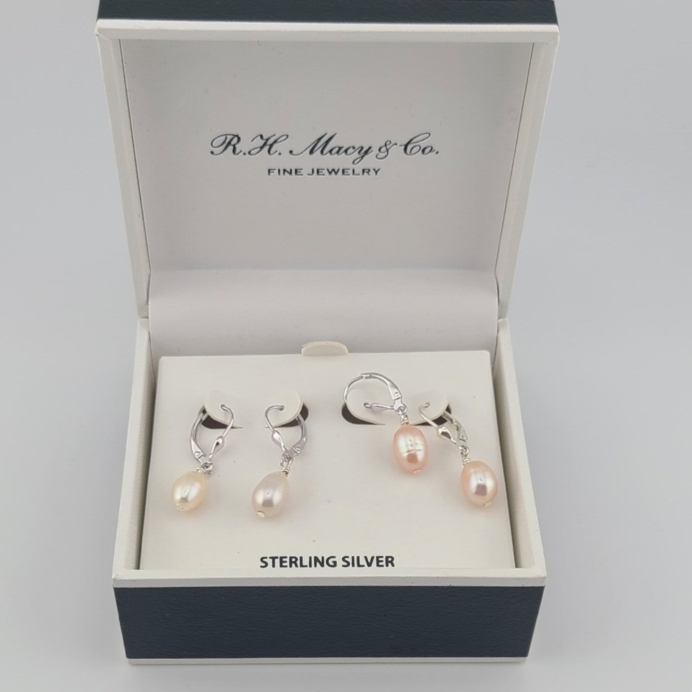 RH Macy & Co Sterling Silver Freshwater Pearl Drop Earring Set White Pink 2 Pair